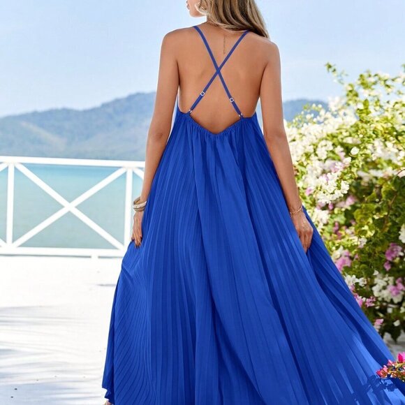 Royal Blue Casual Women's Loose Pleated Backless Spaghetti Strap Dress - Picture 2 of 5